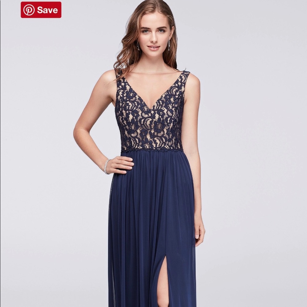 David’s Bridal Illusion VNeck & Mesh Dress
